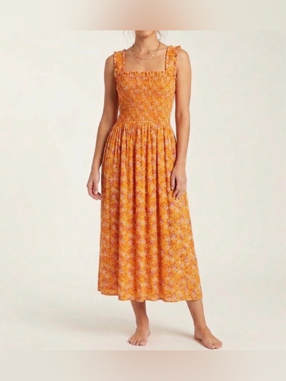 Wayf Orange and Pink Floral Printed Smocked Midi Dress - Size S